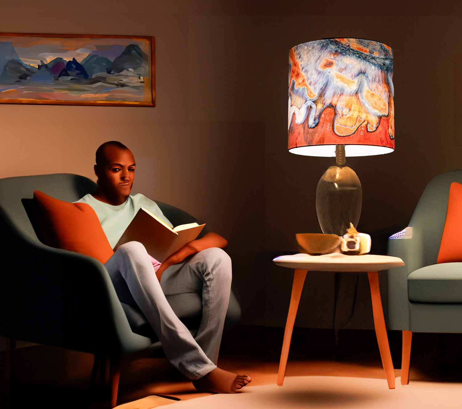 Large lampshades with artworks look good in a large room